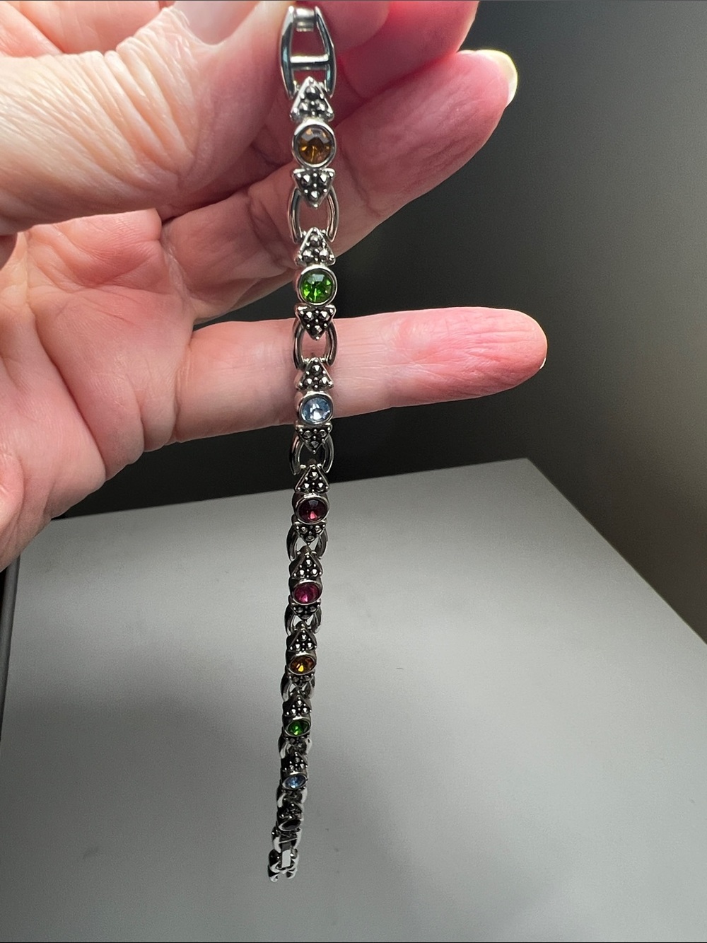 Sparkly Sterling-Tone Multicolor Crystal Station Bracelet - Estate Vintage